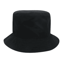A black bucket hat with a wide brim, featuring a simple and sleek design. It has a logo on its side.