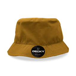 A brown bucket hat with a black logo on the front and a wide brim.