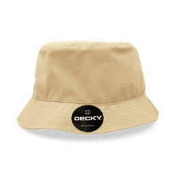 A beige bucket hat featuring a round logo on the front. The hat has a classic, relaxed style.