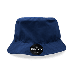 A navy blue bucket hat featuring a circular logo on the front.