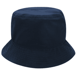 A navy blue bucket hat with a wide brim and a smooth fabric texture. It features a logo on the side.