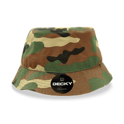 A camouflage bucket hat featuring a wide brim and a branded logo on the front.