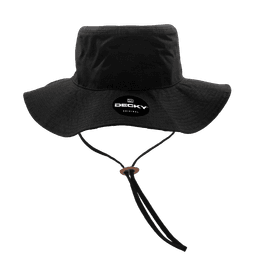 A black bucket hat with a chin strap and a logo on the front.