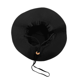 A black structured hat with an adjustable drawstring and a circular shape. It features a logo.