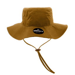 A structured brown bucket hat with a chin strap and a logo on the front.