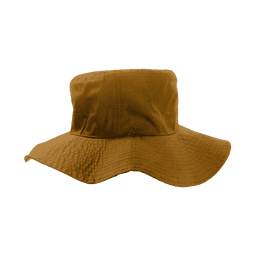 A structured boonie hat in a warm brown colour with a wide brim and a soft fabric texture. Features a logo.