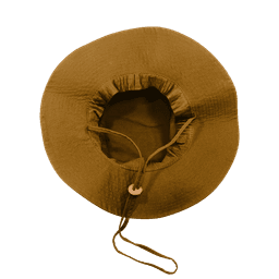 A structured brown hat featuring a wide brim and an adjustable drawstring for secure fitting.