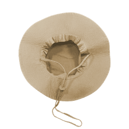 A structured boonie hat in a light tan colour, featuring a wide brim and adjustable cord.
