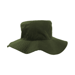 A structured olive green bucket hat with a wide brim and a flat crown. It features a logo on the side.