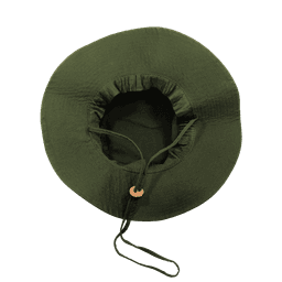 A structured green hat with a drawstring, featuring an inner lining. It also has a logo.