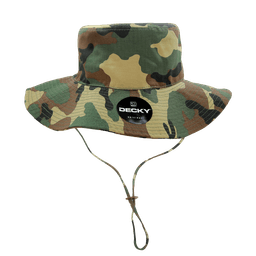 A bush hat in a camo pattern with a chin strap and a logo.