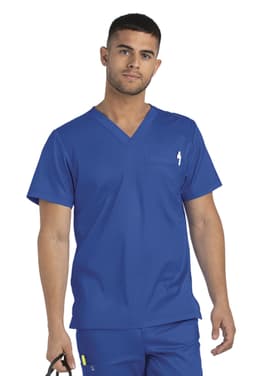 A men's blue V-neck top with a pocket and a logo, featuring a comfortable and professional design.