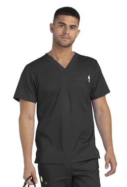 A men's black tuckable V-neck top featuring a pocket and a logo, displayed on a model holding a bag.