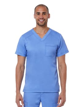 A blue men's V-neck top with a pocket, featuring short sleeves and a logo.