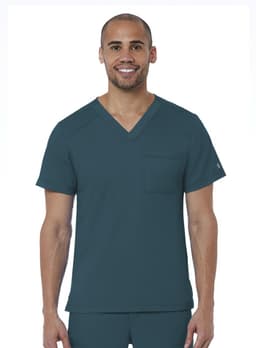 A men’s v-neck top in deep teal, featuring a chest pocket and short sleeves. The product has a logo.