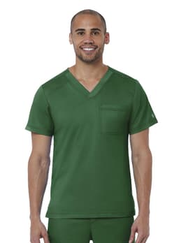 A men's v-neck top in deep green with a pocket, featuring a logo on the shoulder.
