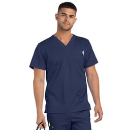 A men's navy v-neck top with a pocket, featuring a logo, designed for professional attire.