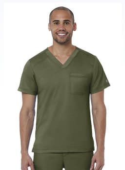A men's v-neck top in olive green, featuring a pocket and a logo on the sleeve.