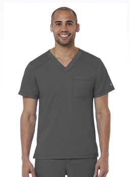 A man wearing a grey V-neck top with a pocket, featuring a logo on the sleeve.