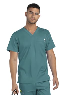 A men's v-neck top in teal with a chest pocket and a logo, designed for a professional setting.