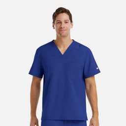 A mens v-neck top in a vibrant blue colour, featuring a pocket and a logo on the sleeve.