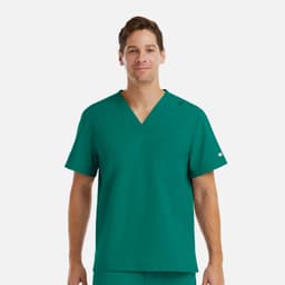 A men's v-neck top in teal, featuring short sleeves and a chest pocket, with a logo on one sleeve.