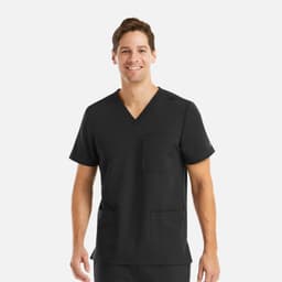 A men's black V-neck top featuring three pockets, designed for comfort and functionality. It includes a branding logo.