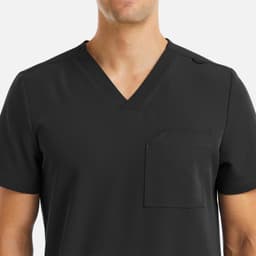 A black v-neck top featuring three pockets, designed for men, with a logo present.