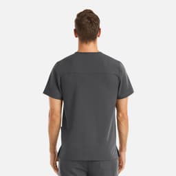A men's grey V-neck top featuring three pockets and a simple design, with a logo on the fabric.