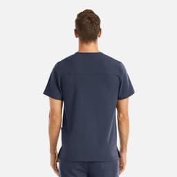 A navy blue men's V-neck top featuring three pockets and a sleek back design. It has a logo.