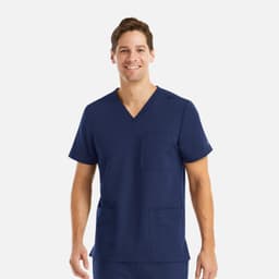 A men's navy blue V-neck top featuring three pockets and a branded logo.