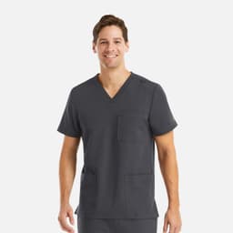 A grey men's v-neck top with three pockets, featuring a simple design and a logo on the chest.