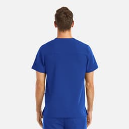 A men's v-neck top in a vibrant blue colour, featuring a simple design and a logo on the back.