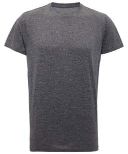 A grey performance T-shirt with a round neckline and short sleeves, featuring a logo on the chest area.