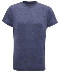 A navy blue performance T-shirt with a classic crew neck and short sleeves, featuring a logo.