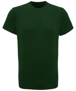 A green performance t-shirt with a classic crew neck and short sleeves. The shirt features a logo.