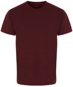 A maroon performance T-shirt with a simple design, featuring short sleeves and a rounded neckline. It has a logo.