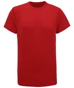 A red performance T-shirt featuring a simple design and a logo on the front.