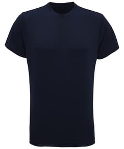 A navy performance T-shirt with a round neck and short sleeves, featuring a logo on one side.