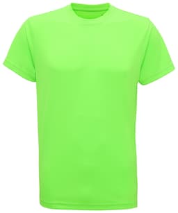 A bright green performance T-shirt with a crew neckline and short sleeves. It features a logo on the front.