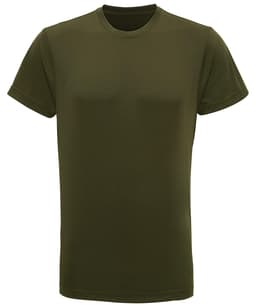 A plain olive green performance t-shirt with a classic crew neckline and short sleeves. It features a branding logo.