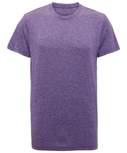 A purple performance T-shirt featuring short sleeves and a round neckline. It has a branding logo.
