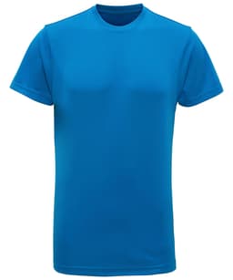 A blue performance T-shirt with a crew neck and short sleeves, featuring a subtle logo on the front.