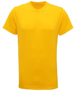 A yellow performance T-shirt with short sleeves and a round neckline, featuring a logo on the front.