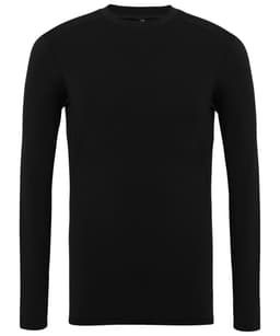 A long-sleeved black performance baselayer top with a simple design and branding on the tag.