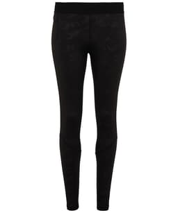 Black training leggings with a sleek design, featuring a subtle pattern and a logo on the waistband.