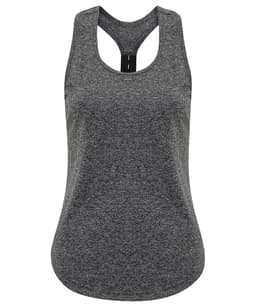 A grey strap-back vest featuring a racerback design and a subtle texture. It has a logo on the back.