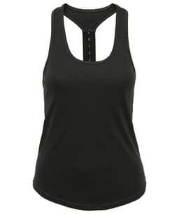 A black performance strap back vest featuring a racerback design and a fitted silhouette.