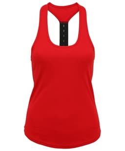 A red strap back vest featuring a racerback design and a branded logo on the back.