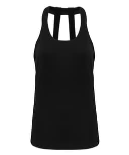 A black double strap back vest featuring a classic tank design and a logo.